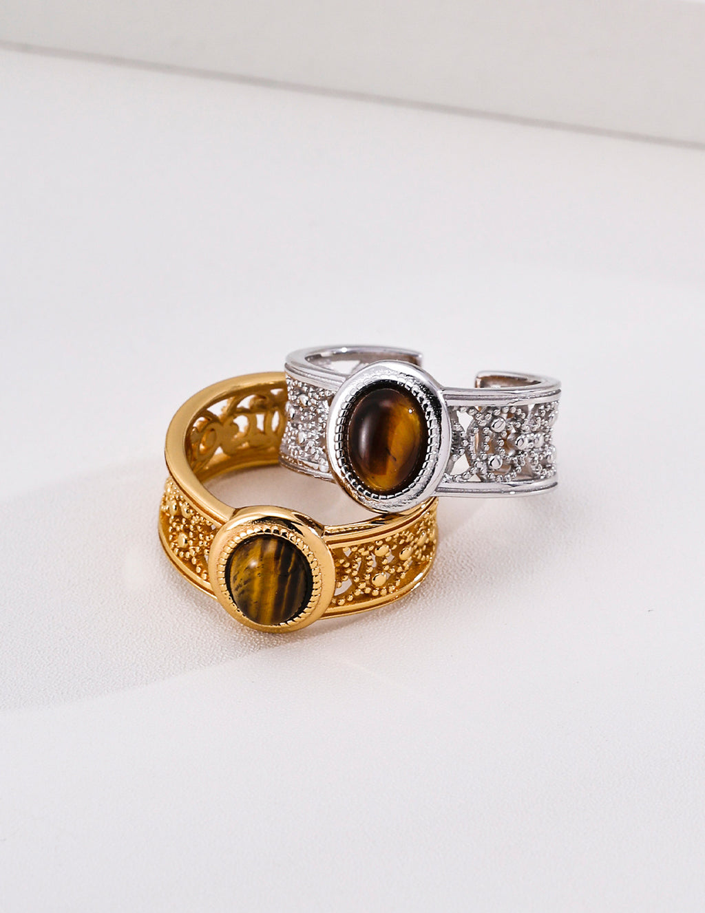 French Royal Filigree Tiger's Eye S925 Ring - Gold and Silver Pair