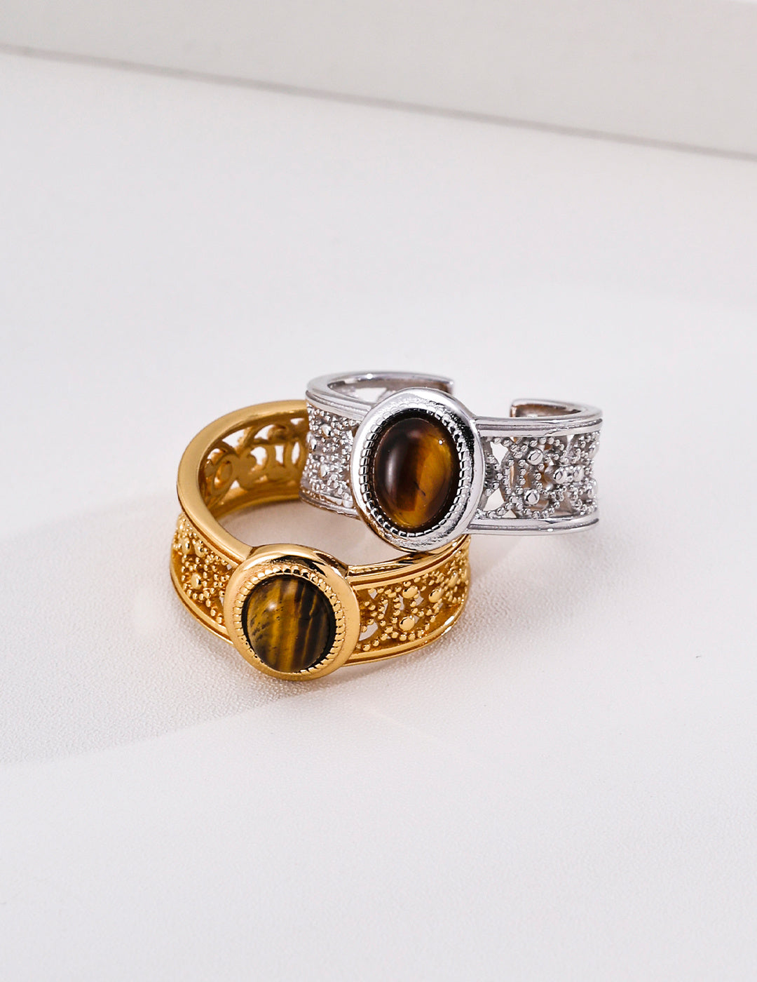 French Royal Filigree Tiger's Eye S925 Ring - Gold and Silver Pair
