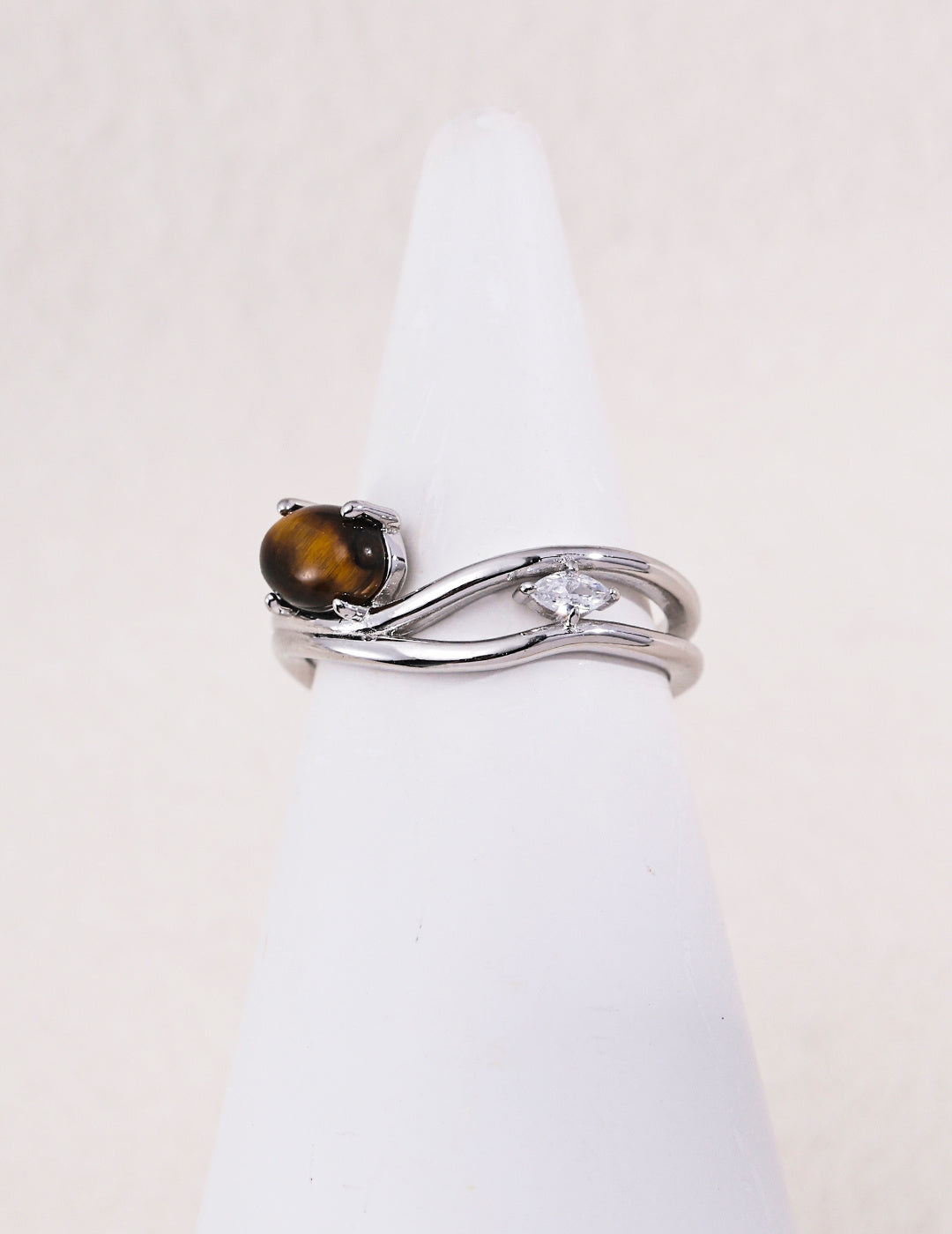 Vintage Wave Natural Gemstone S925 Ring - Tiger's Eye Silver