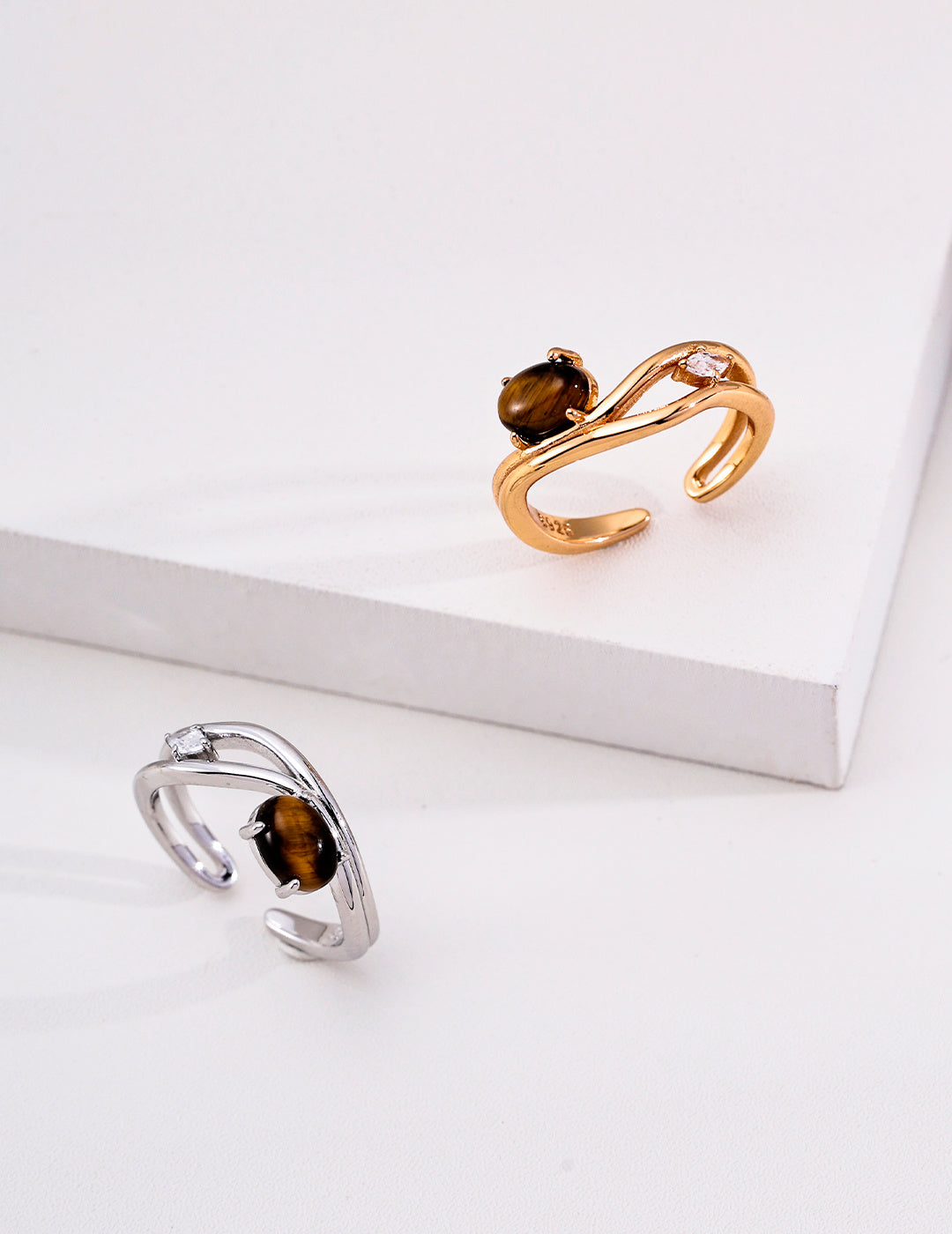 Vintage Wave Natural Gemstone S925 Ring - Dual Tone Pair