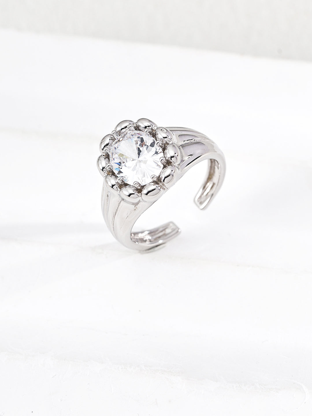 Sculptural Fluted Solitaire Zirconia S925 Ring - Silver