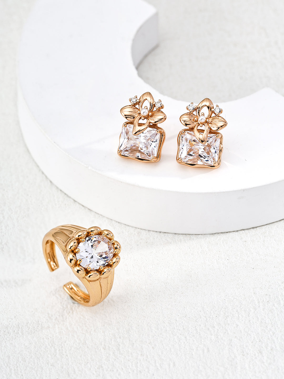 Sculptural Fluted Solitaire Zirconia S925 Ring - Jewelry Set