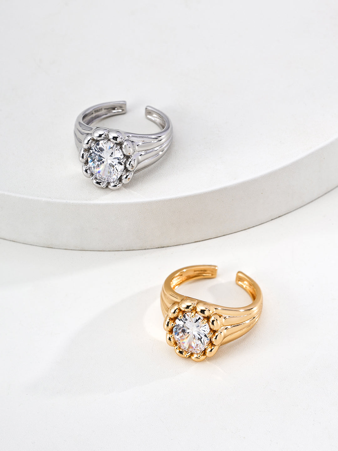 Sculptural Fluted Solitaire Zirconia S925 Ring - Gold and Silver Pair