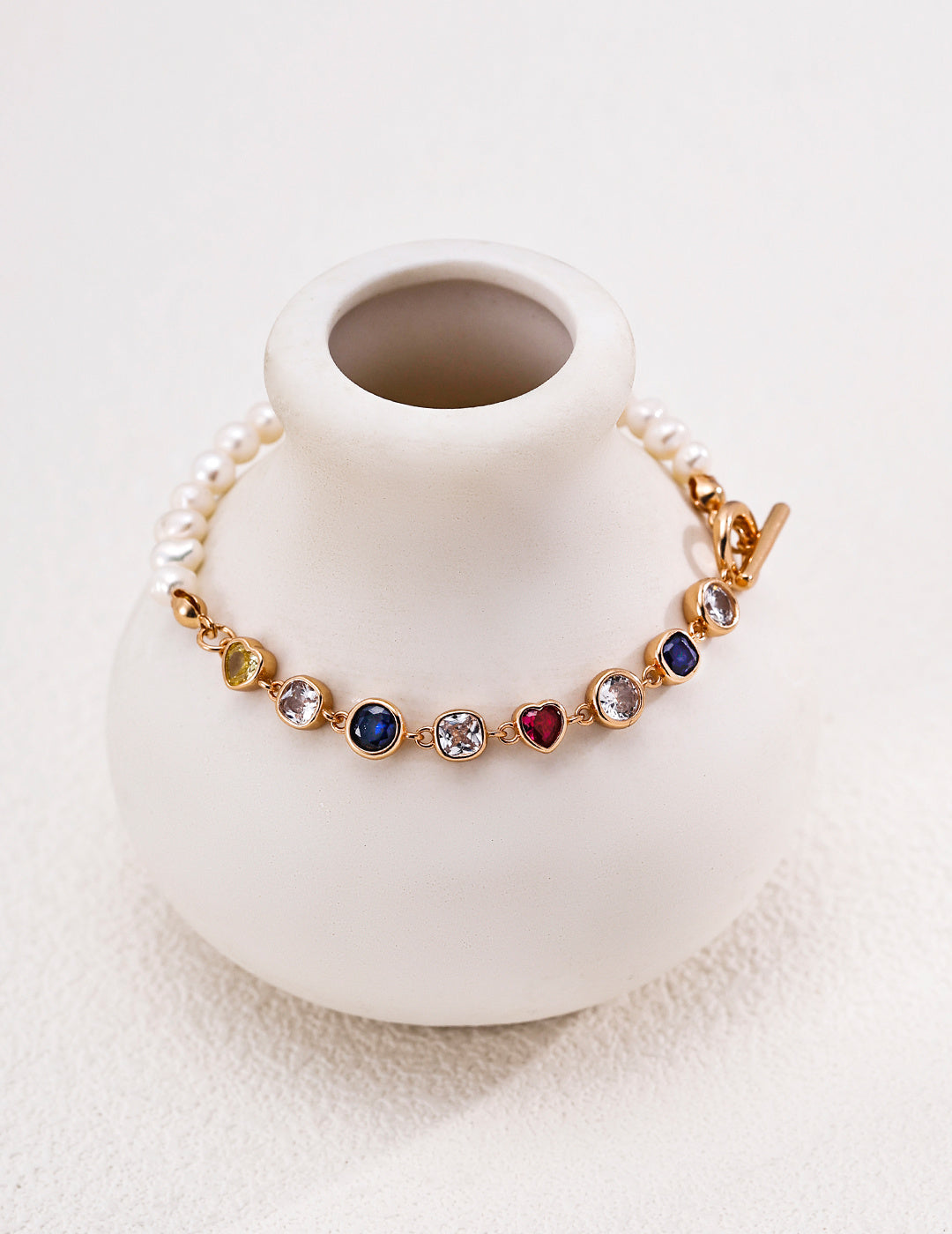 Half Pearl & Rainbow Zirconia Toggle Bracelet - Gold