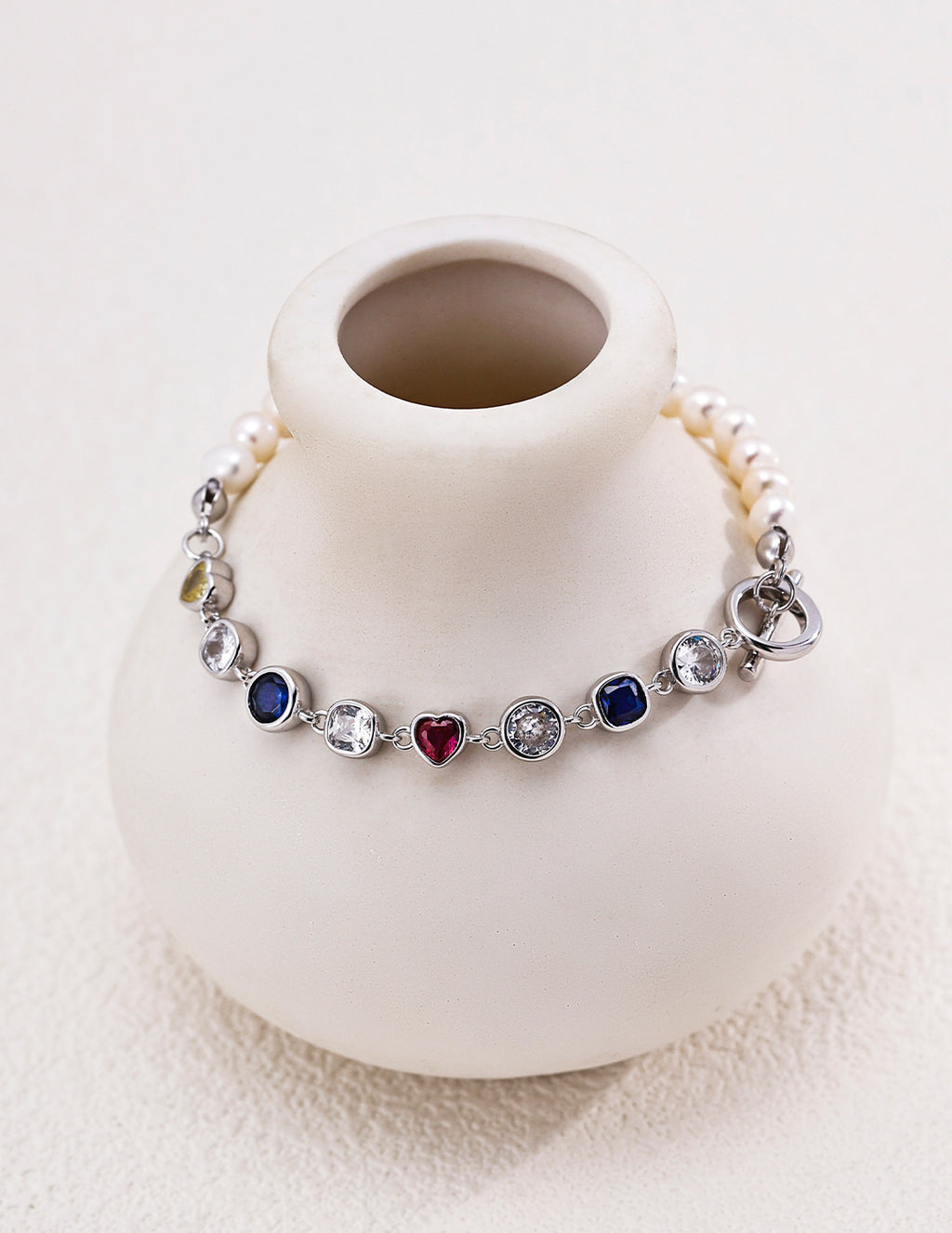 Half Pearl & Rainbow Zirconia Toggle Bracelet - Silver
