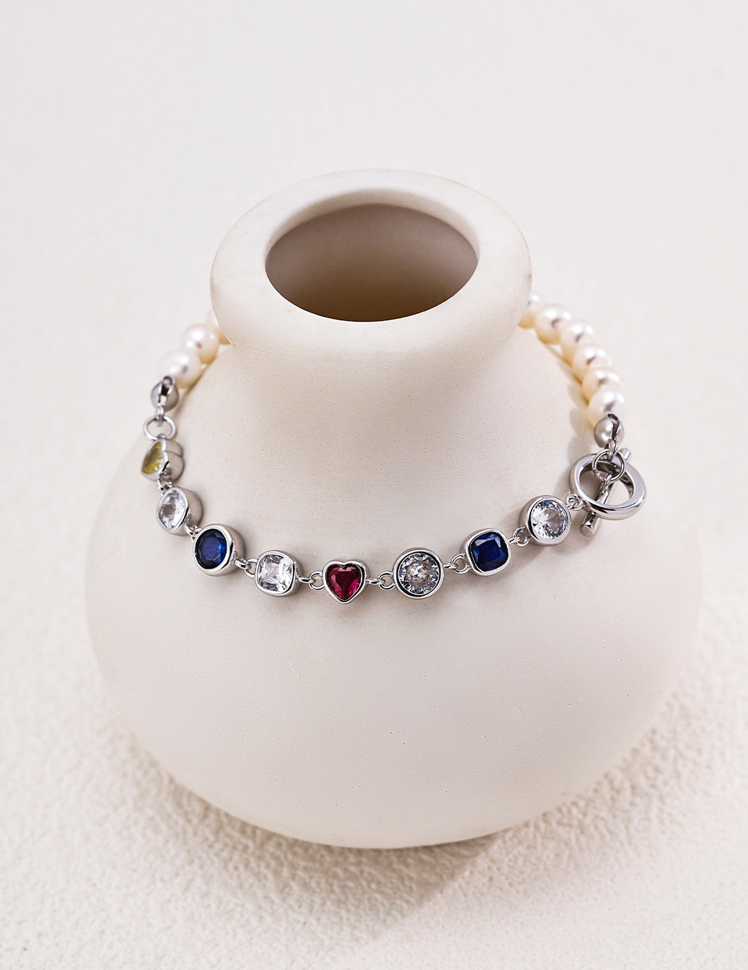 Half Pearl & Rainbow Zirconia Toggle Bracelet - Silver