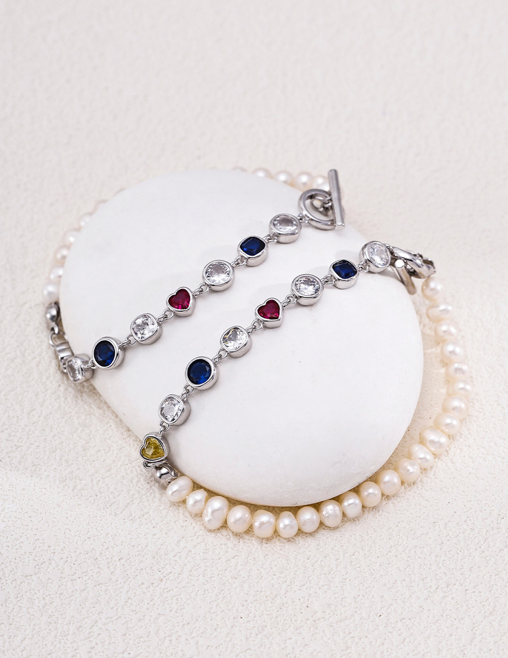 Half Pearl & Rainbow Zirconia Toggle Bracelet - Silver Lengths