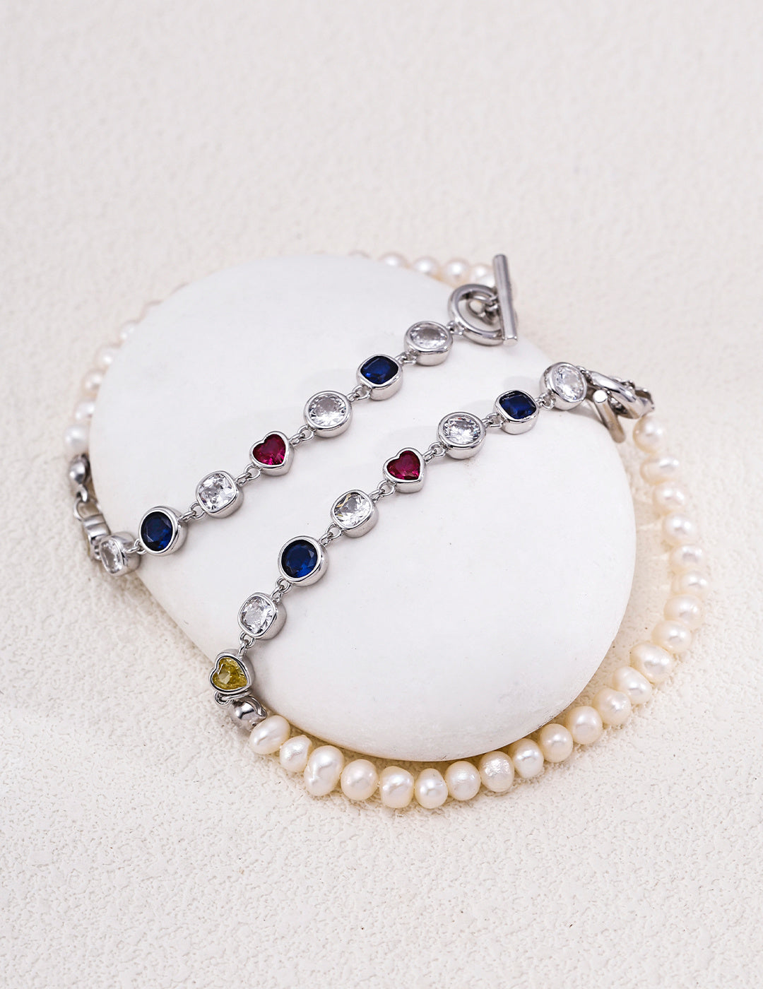 Half Pearl & Rainbow Zirconia Toggle Bracelet - Silver Lengths