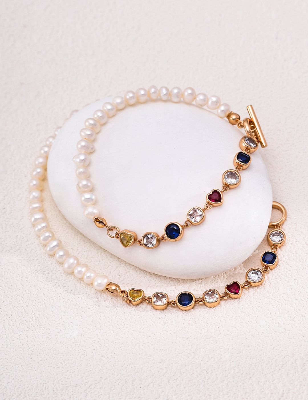 Half Pearl & Rainbow Zirconia Toggle Bracelet - Gold Lengths