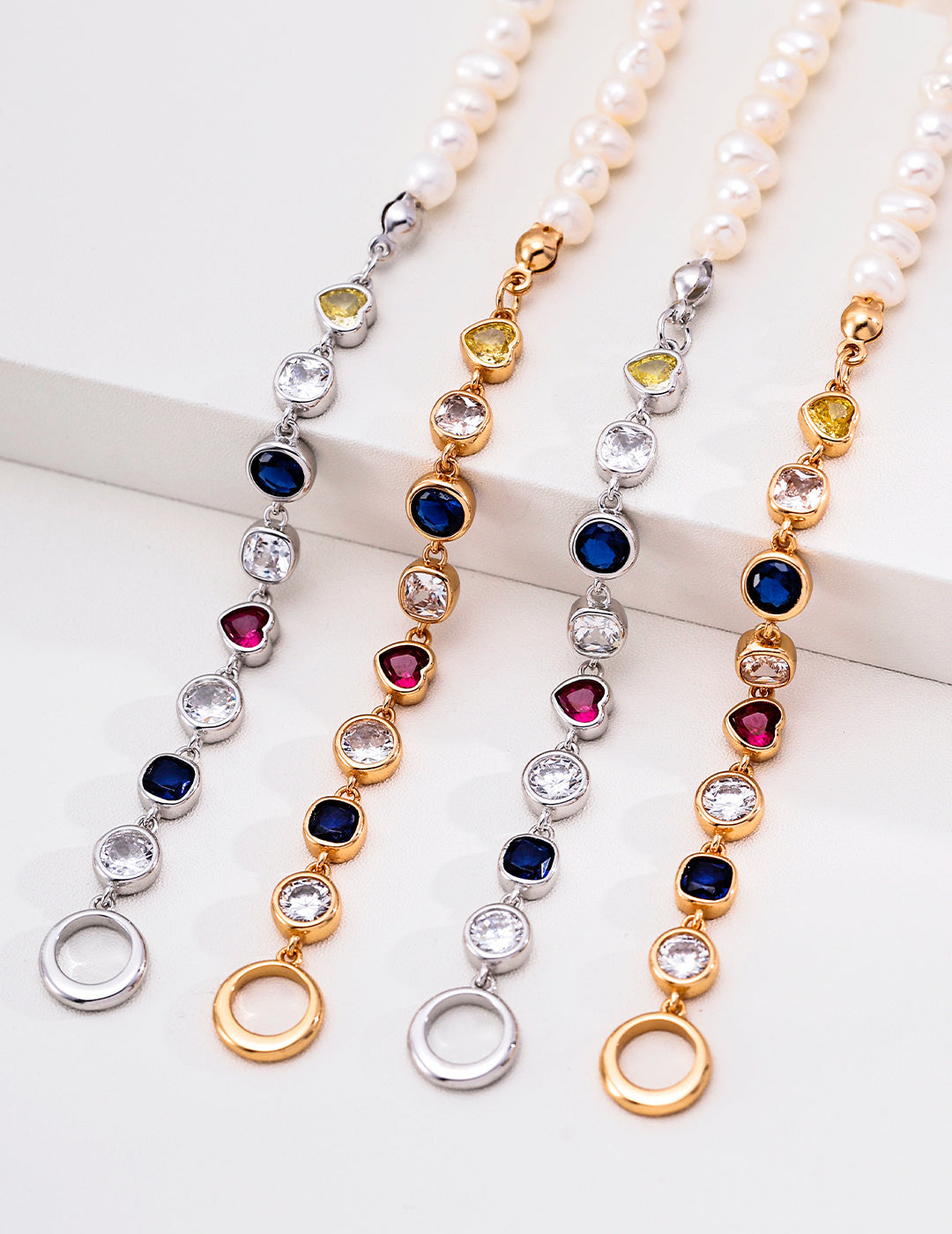 Half Pearl & Rainbow Zirconia Toggle Bracelet - 4 Styles Display