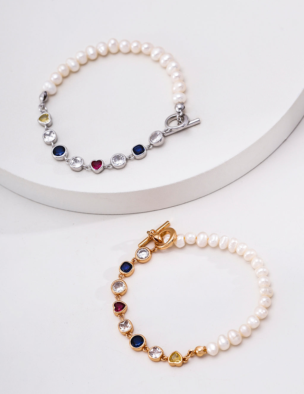 Half Pearl & Rainbow Zirconia Toggle Bracelet - Gold and Silver Pair