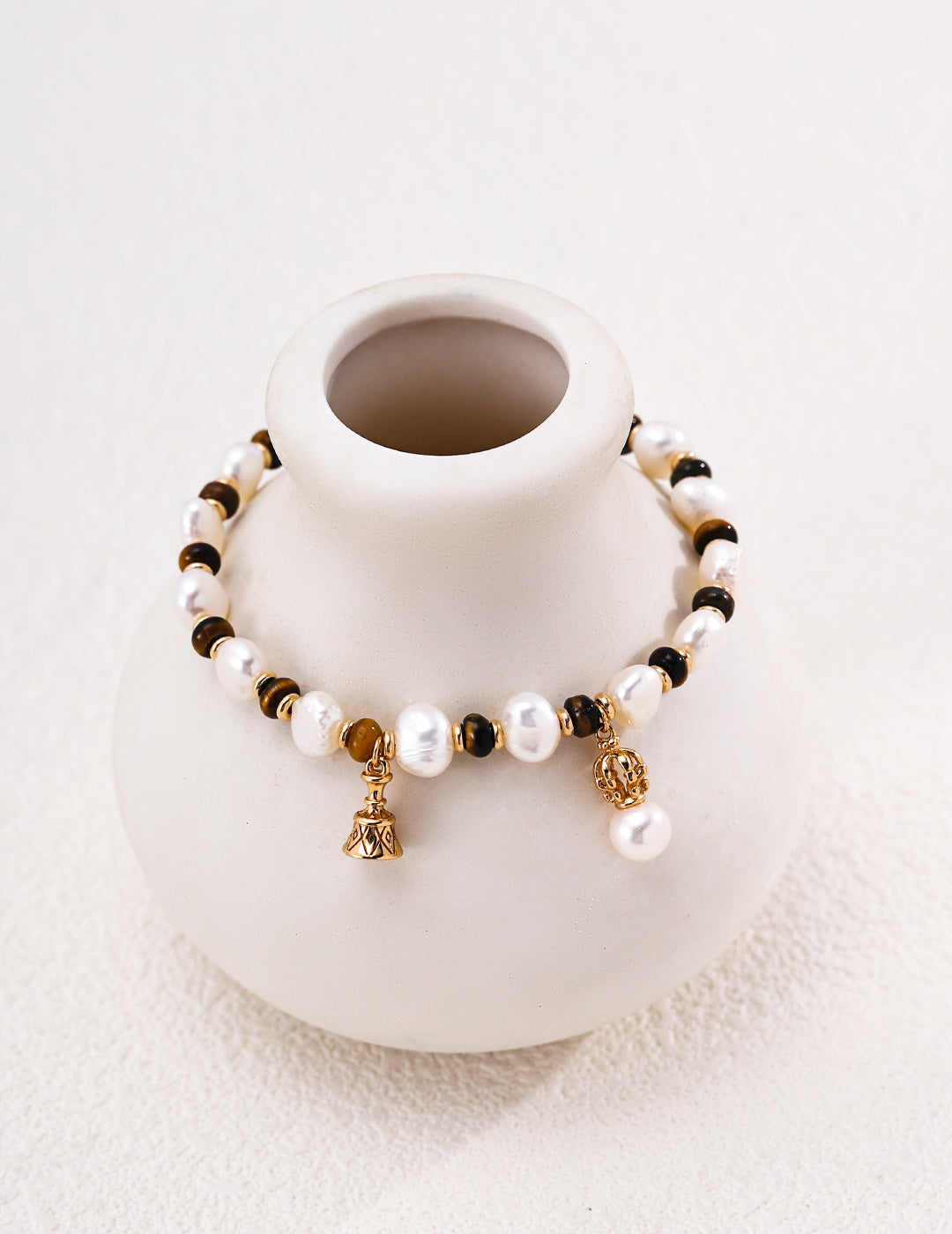 Baroque Pearl & Tiger's Eye Bell Charm S925 Bracelet - Gold