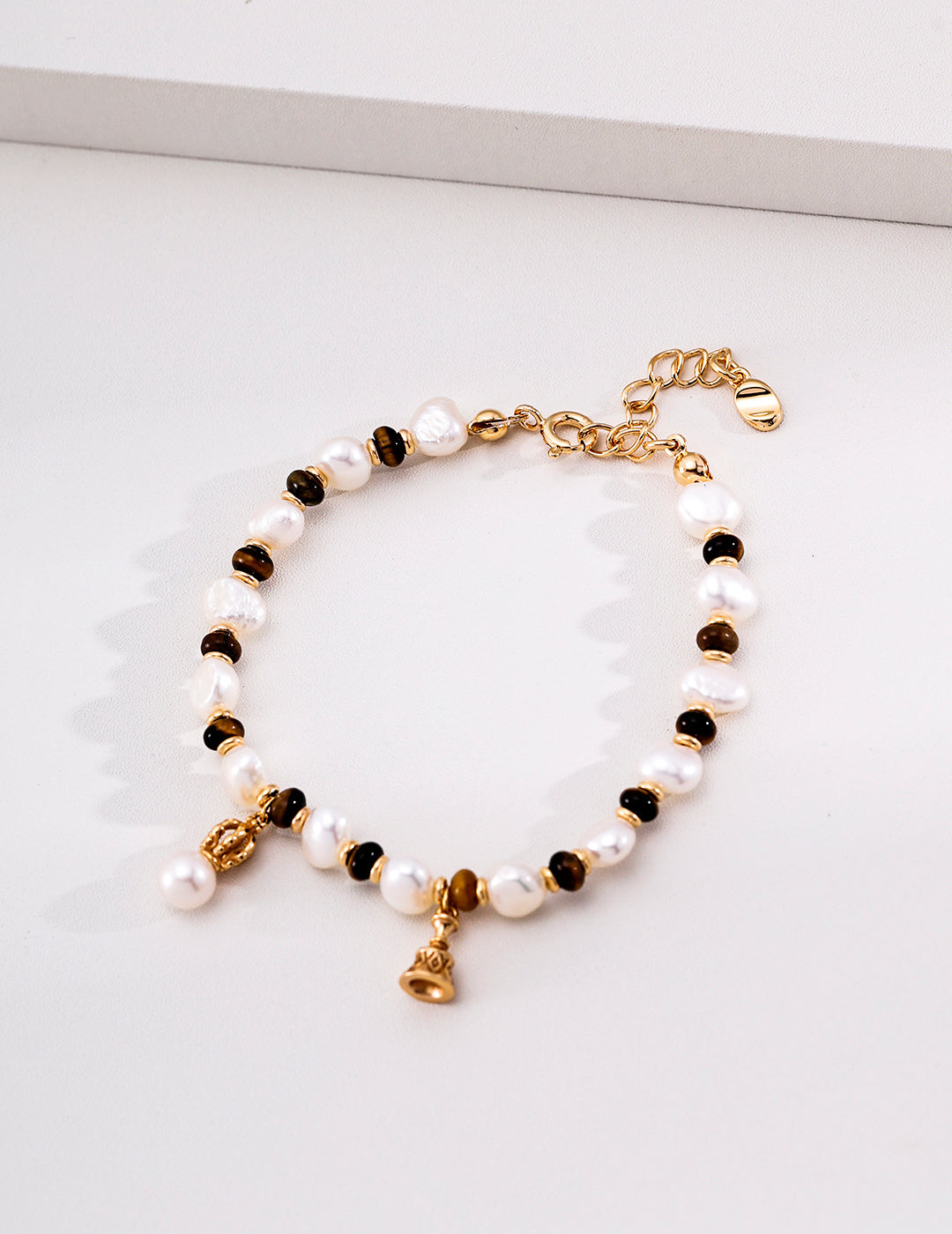 Baroque Pearl & Tiger's Eye Bell Charm S925 Bracelet - Gold Flat
