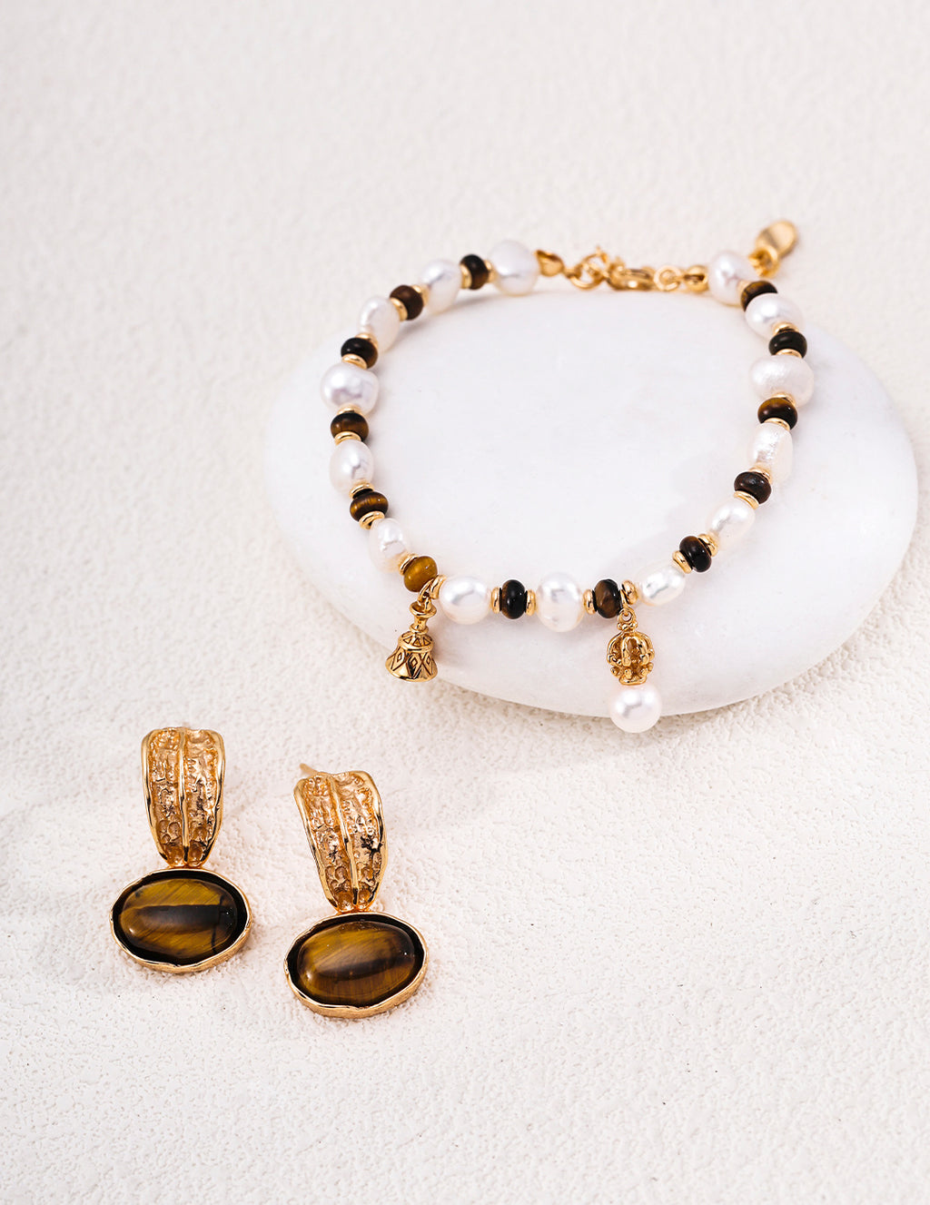 Baroque Pearl & Tiger's Eye Bell Charm S925 Bracelet - Jewelry Set
