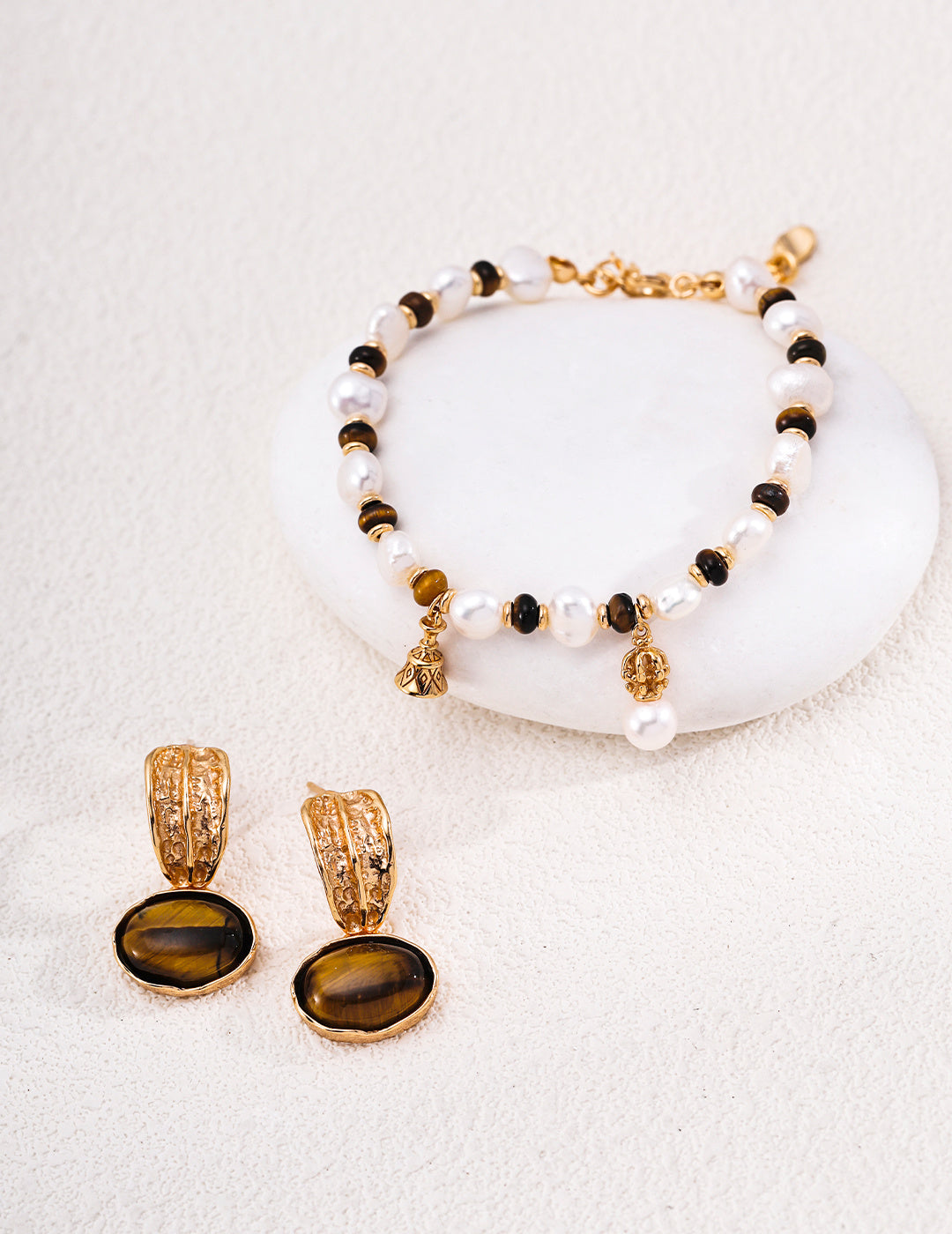 Baroque Pearl & Tiger's Eye Bell Charm S925 Bracelet - Jewelry Set