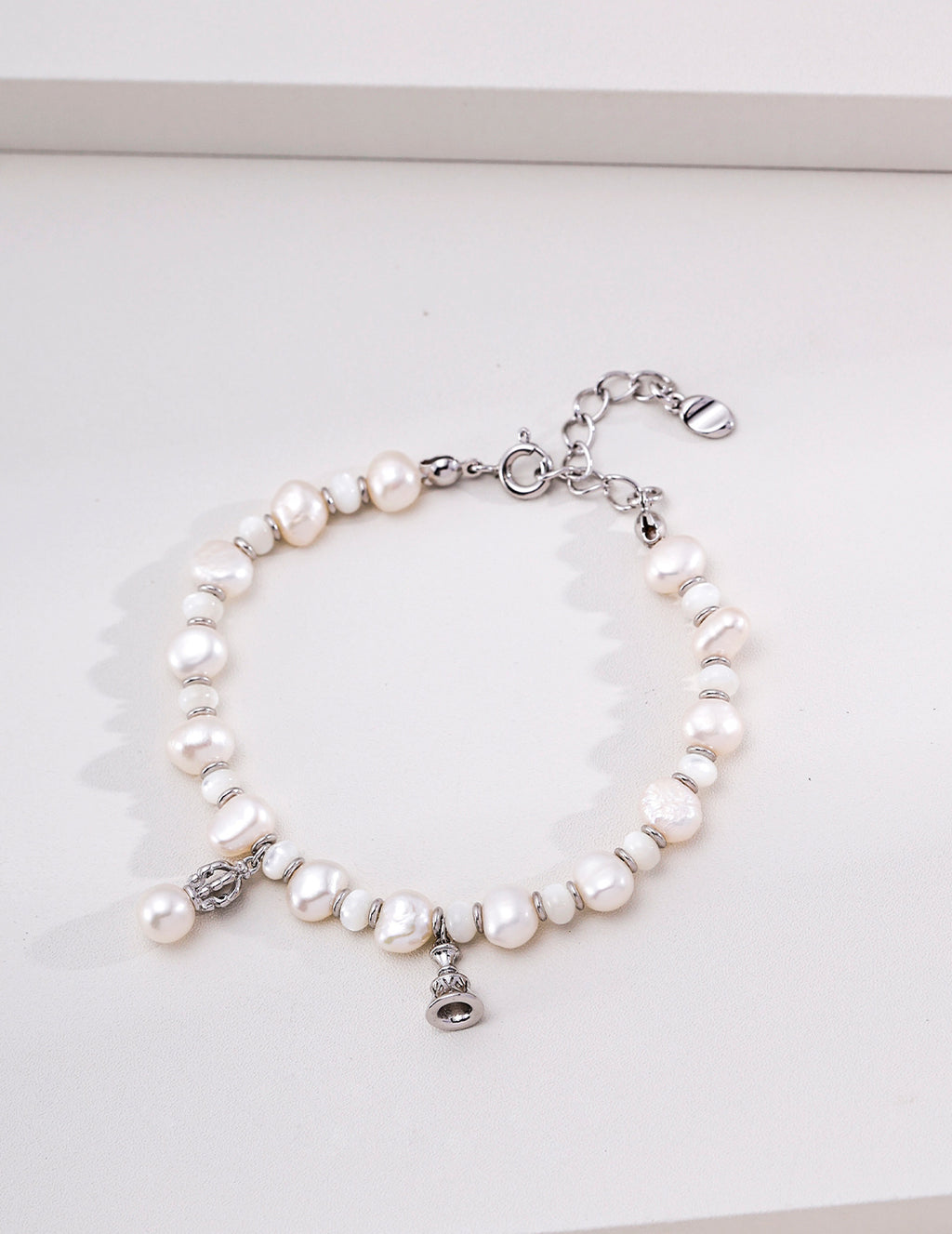 Baroque Pearl & Mother of Pearl Bell Charm S925 Bracelet - Silver Flat