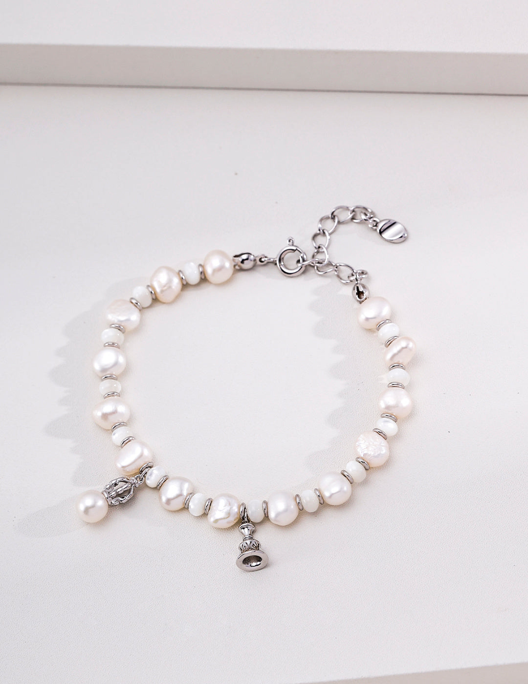 Baroque Pearl & Mother of Pearl Bell Charm S925 Bracelet - Silver Flat
