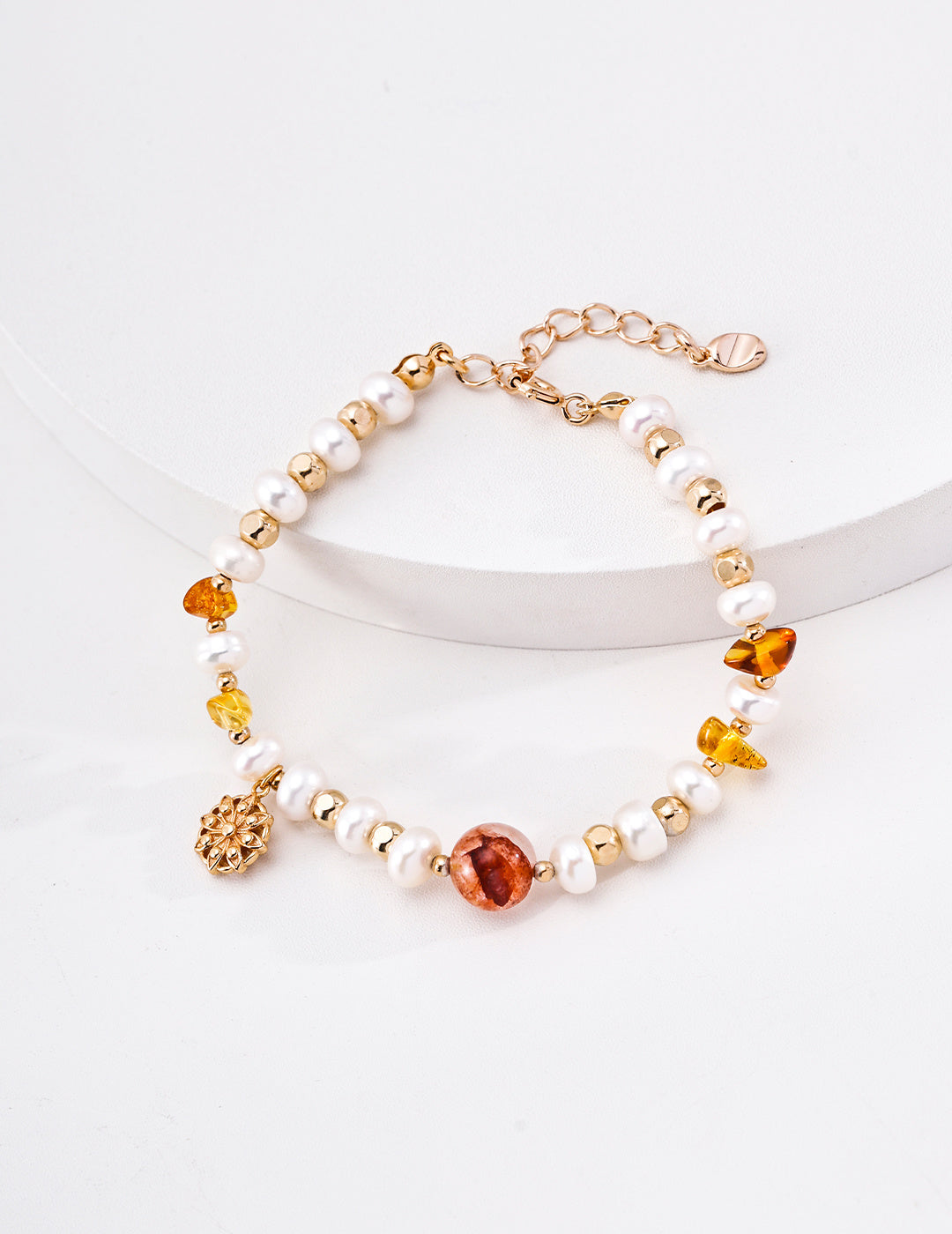 Sunlit Amber Crystal & Freshwater Pearl S925 Bracelet - Display