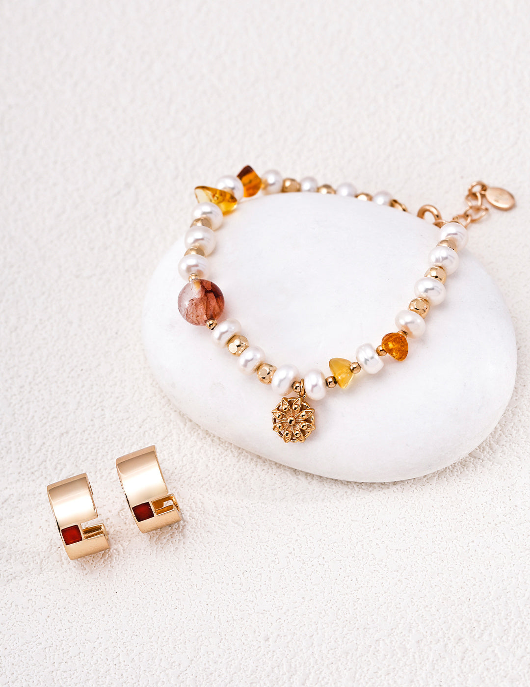 Sunlit Amber Crystal & Freshwater Pearl S925 Bracelet - Jewelry Set