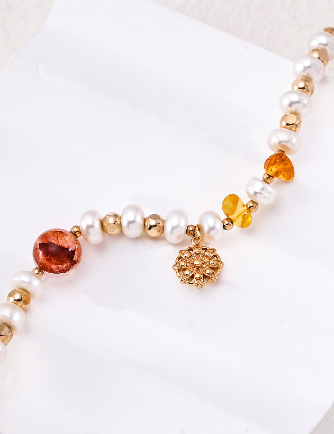 Sunlit Amber Crystal & Freshwater Pearl S925 Bracelet - Close Up