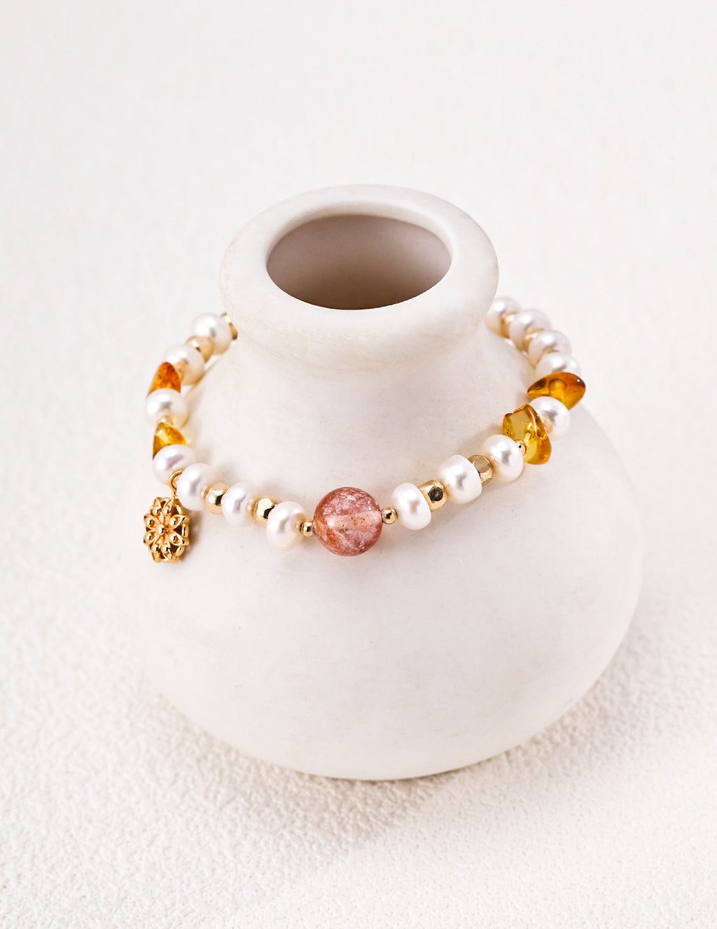 Sunlit Amber Crystal & Freshwater Pearl S925 Bracelet - On Vase
