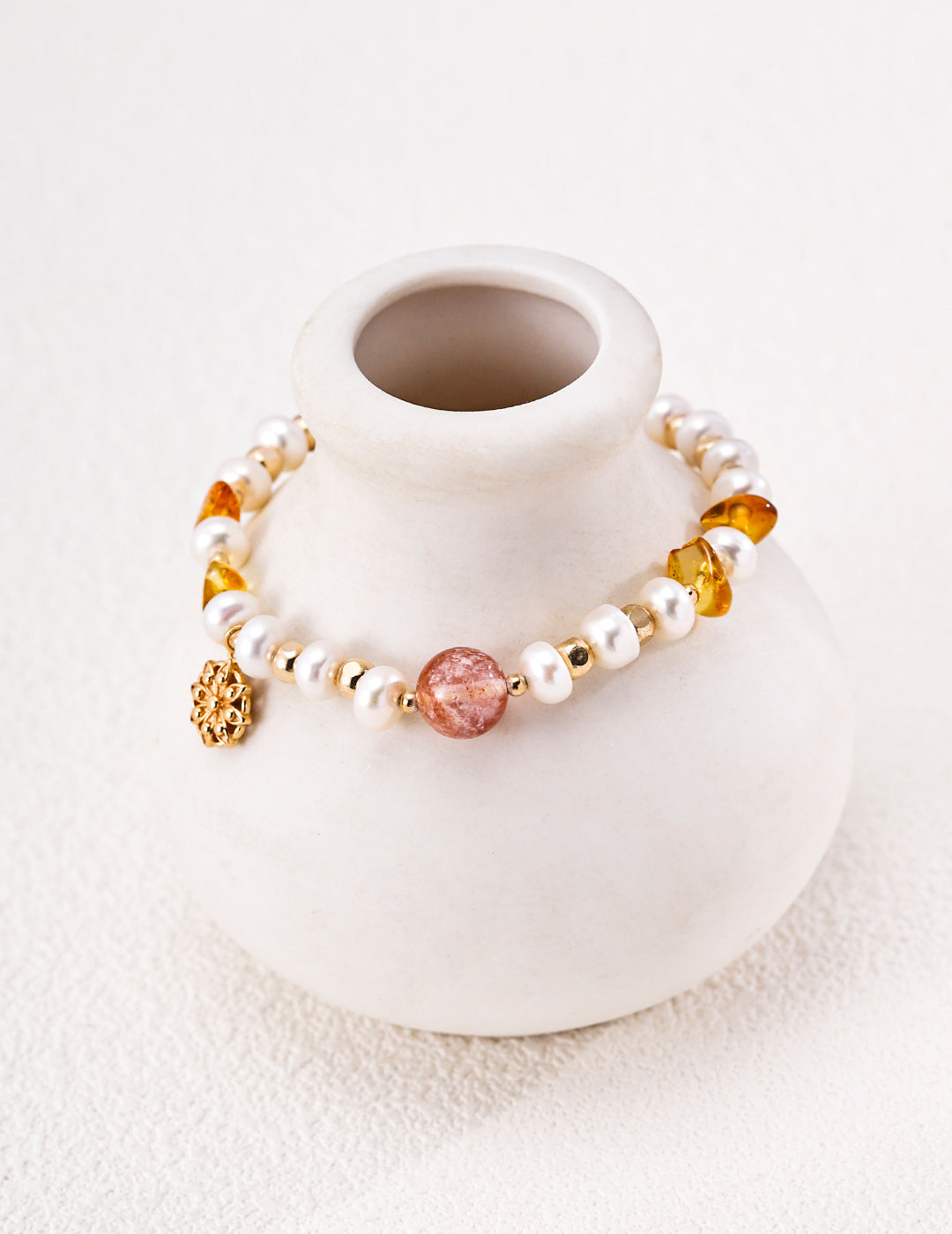 Sunlit Amber Crystal & Freshwater Pearl S925 Bracelet - On Vase