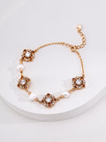 Garnet Rosette Multi-Station Pearl S925 Bracelet - Gold