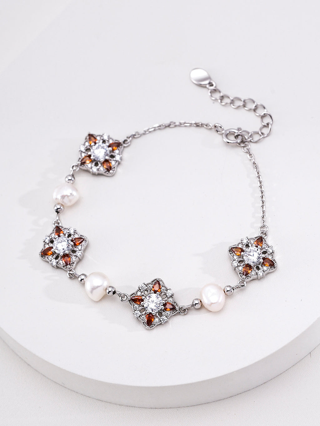 Garnet Rosette Multi-Station Pearl S925 Bracelet - Silver
