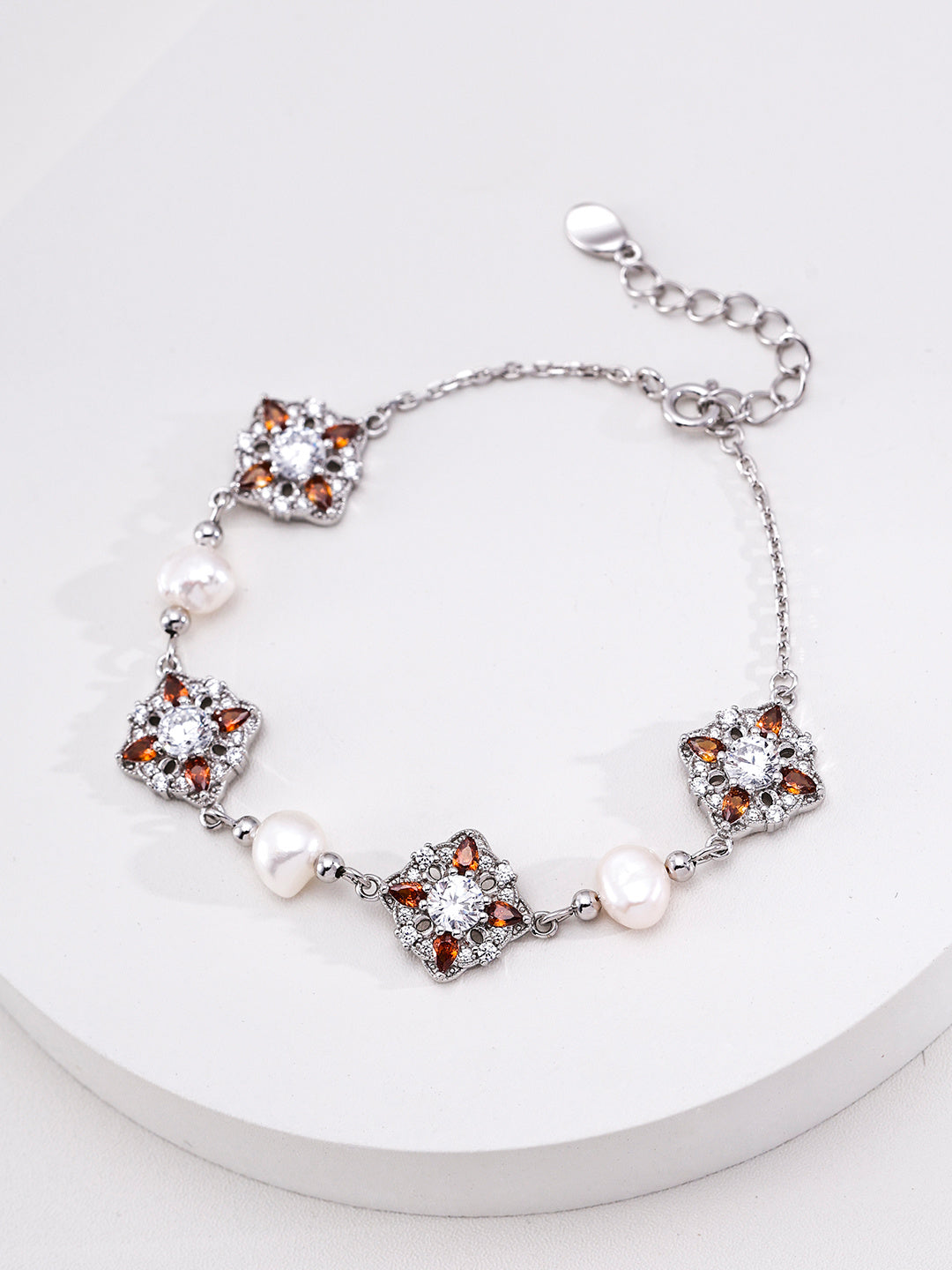 Garnet Rosette Multi-Station Pearl S925 Bracelet - Silver