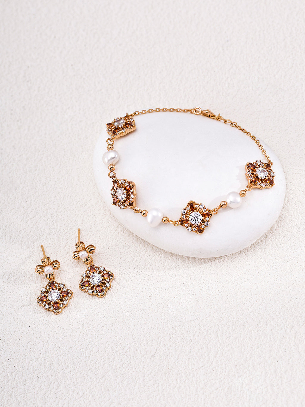 Garnet Rosette Multi-Station Pearl S925 Bracelet - Jewelry Set