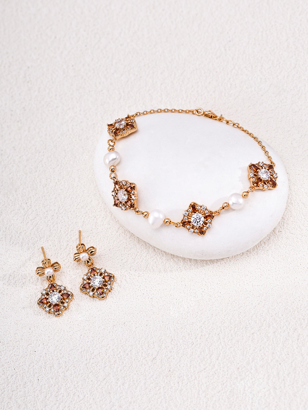 Garnet Rosette Multi-Station Pearl S925 Bracelet - Jewelry Set