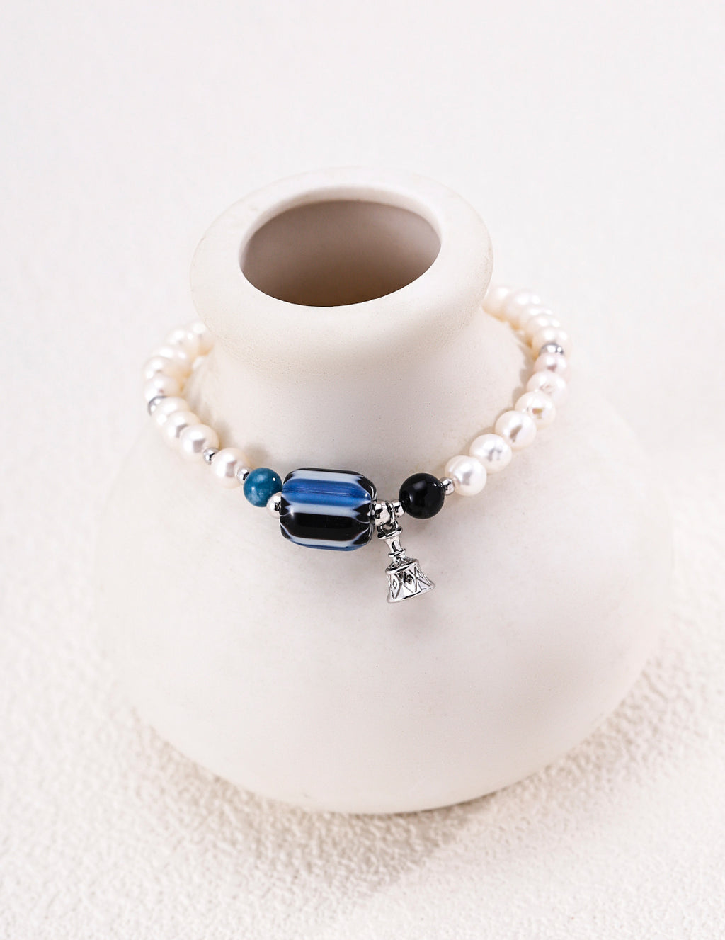 Nepalese Artisan Glass & Black Onyx Pearl S925 Bracelet - On Vase