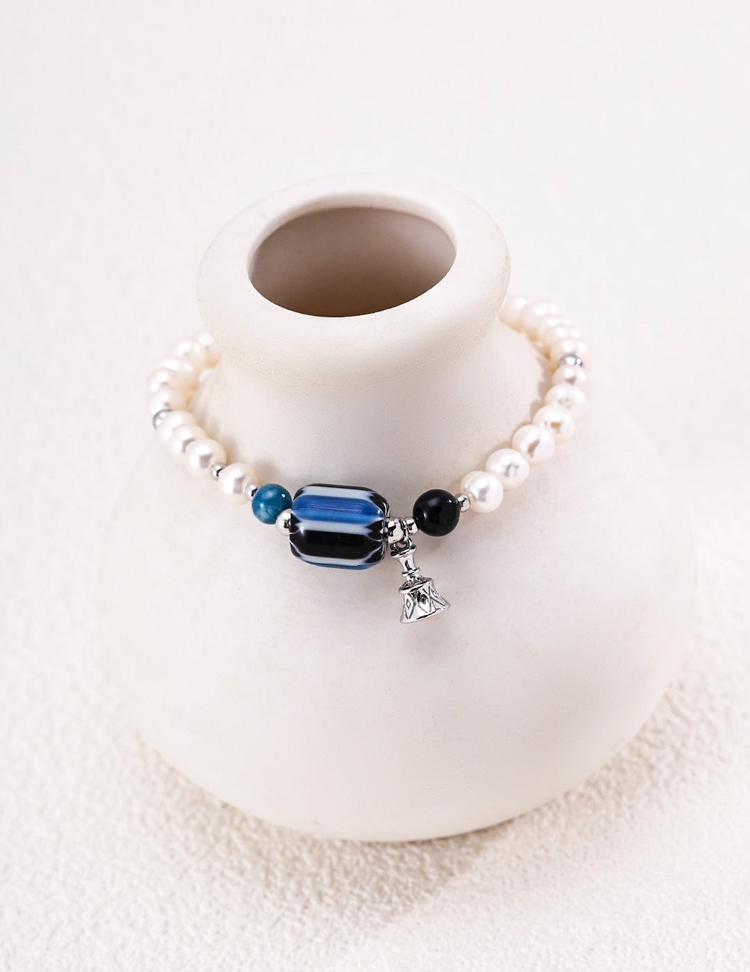 Nepalese Artisan Glass & Black Onyx Pearl S925 Bracelet - On Vase