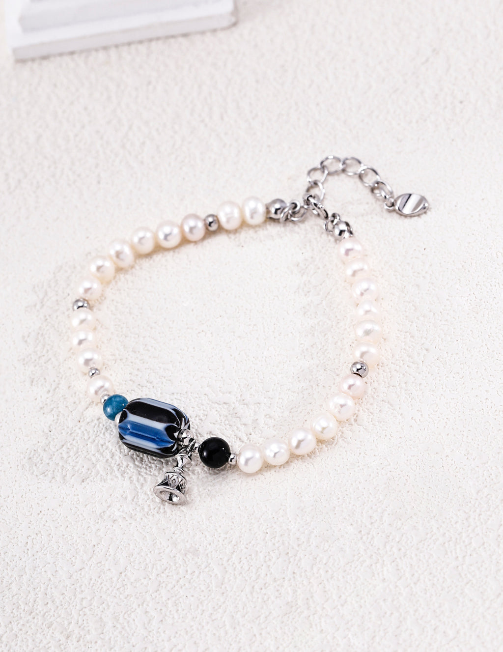Nepalese Artisan Glass & Black Onyx Pearl S925 Bracelet - Flat View