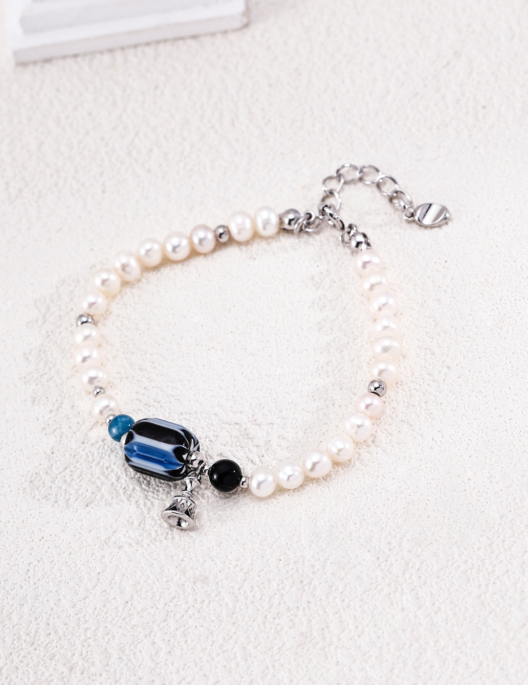 Nepalese Artisan Glass & Black Onyx Pearl S925 Bracelet - Flat View
