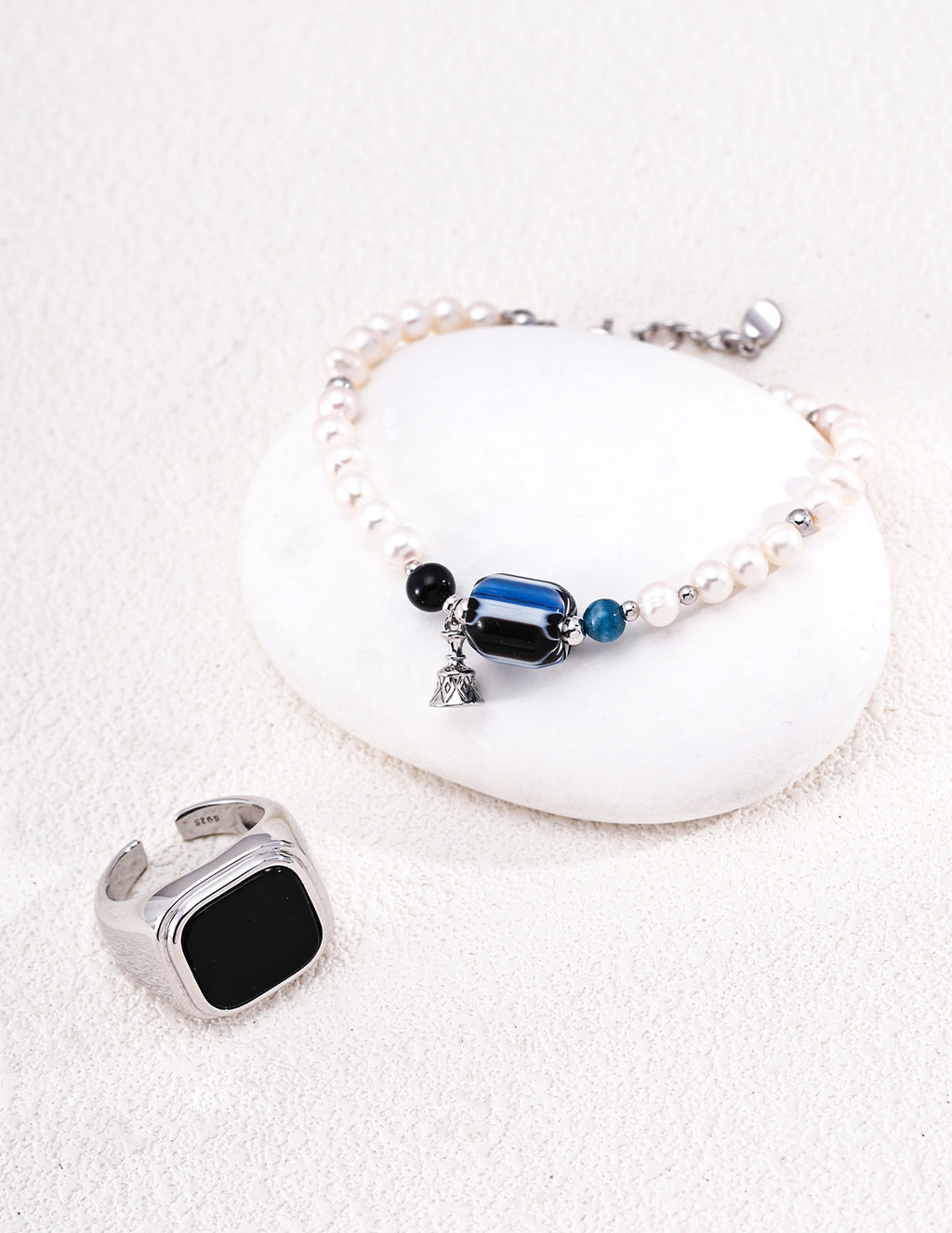 Nepalese Artisan Glass & Black Onyx Pearl S925 Bracelet - With Ring