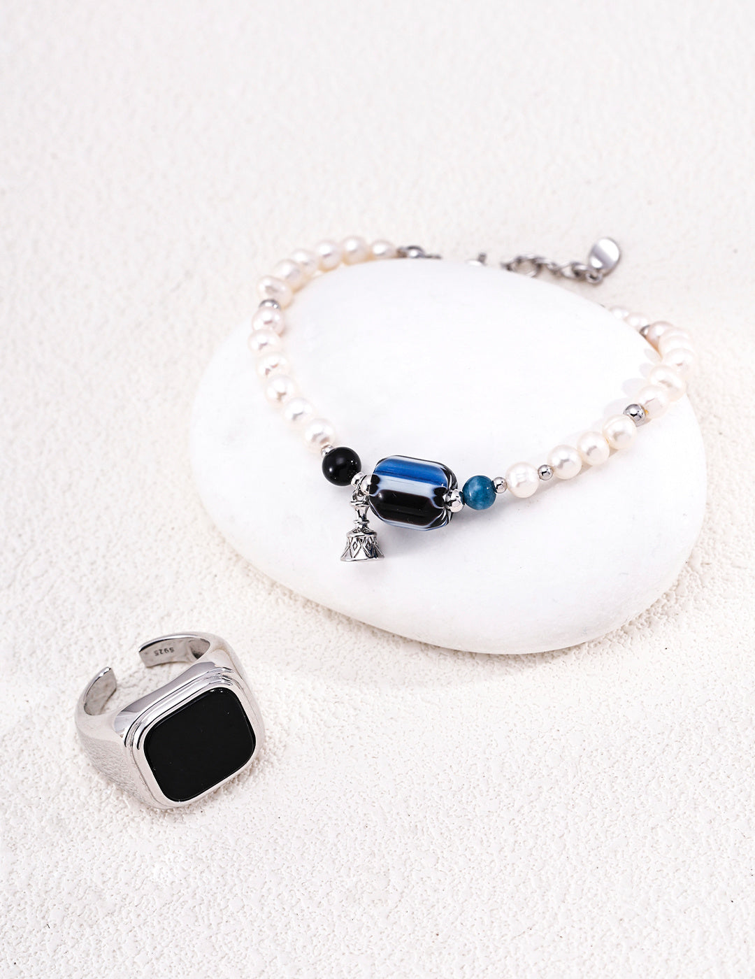 Nepalese Artisan Glass & Black Onyx Pearl S925 Bracelet - With Ring