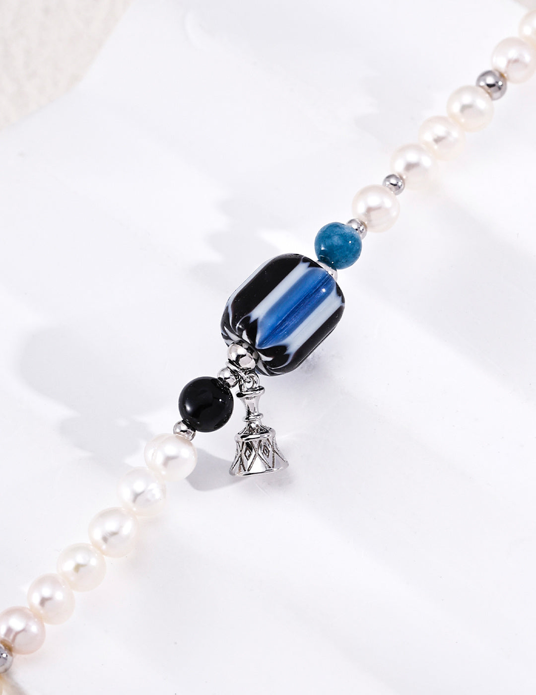 Nepalese Artisan Glass & Black Onyx Pearl S925 Bracelet - Macro Close Up