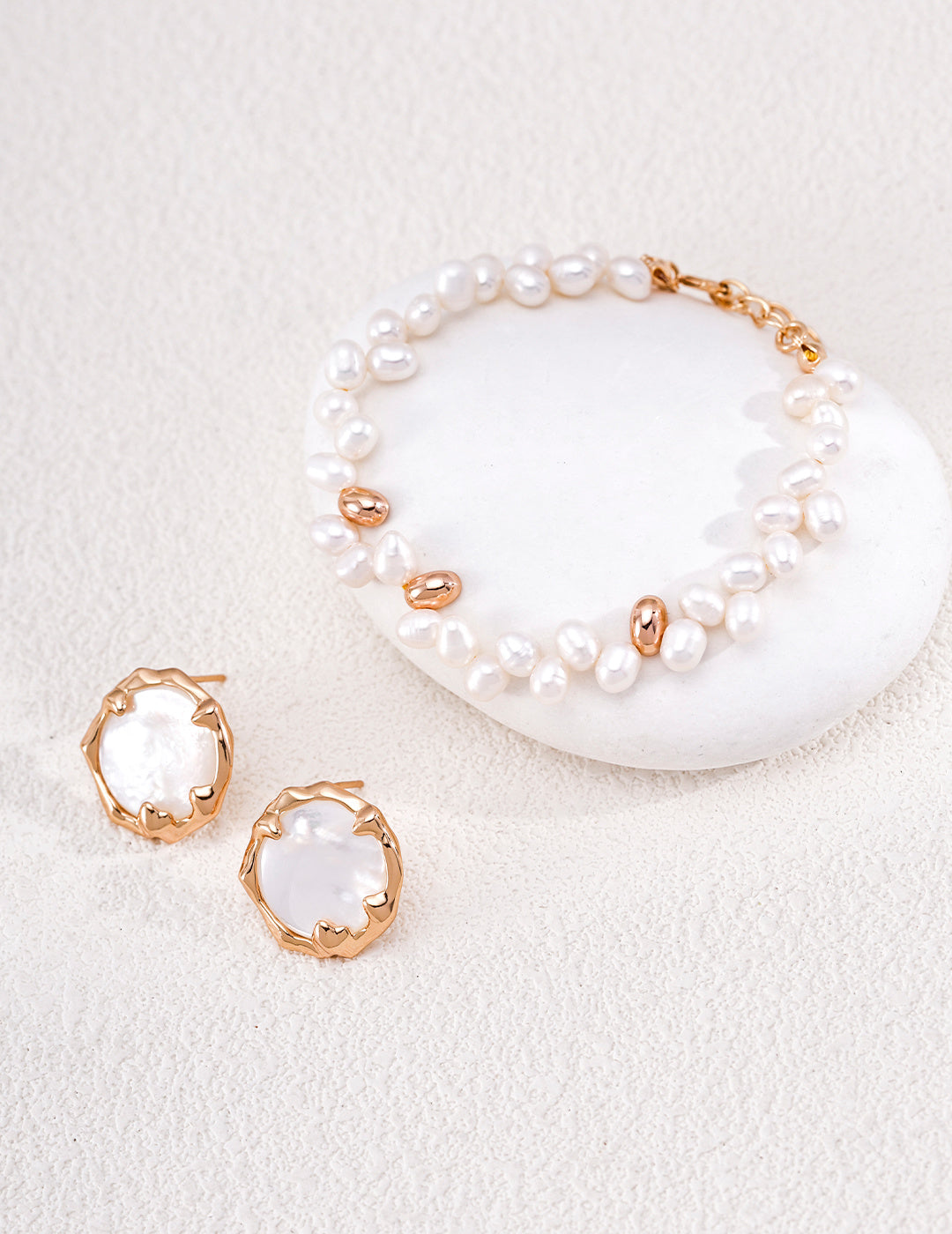 Minimalist Rice Pearl & Pebble Nugget S925 Bracelet - Jewelry Set