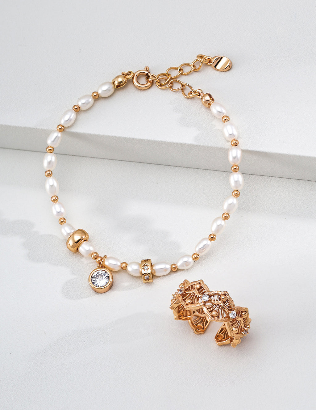 Bezel Solitaire Crystal & Freshwater Pearl S925 Bracelet - Flat Lay with Ring