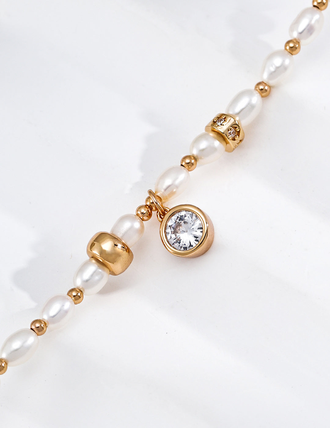 Bezel Solitaire Crystal & Freshwater Pearl S925 Bracelet - Macro Close Up