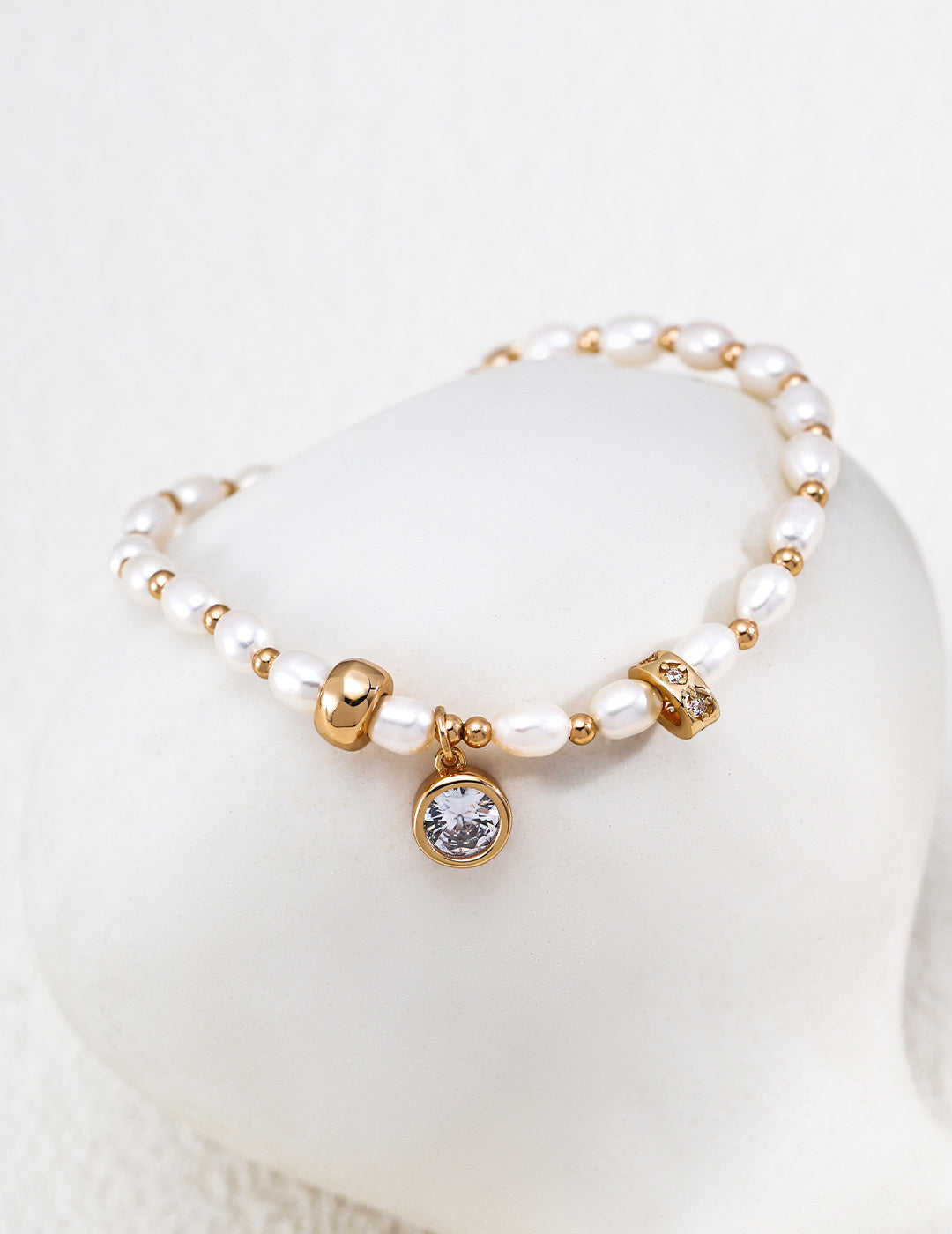Bezel Solitaire Crystal & Freshwater Pearl S925 Bracelet - Ceramic Display
