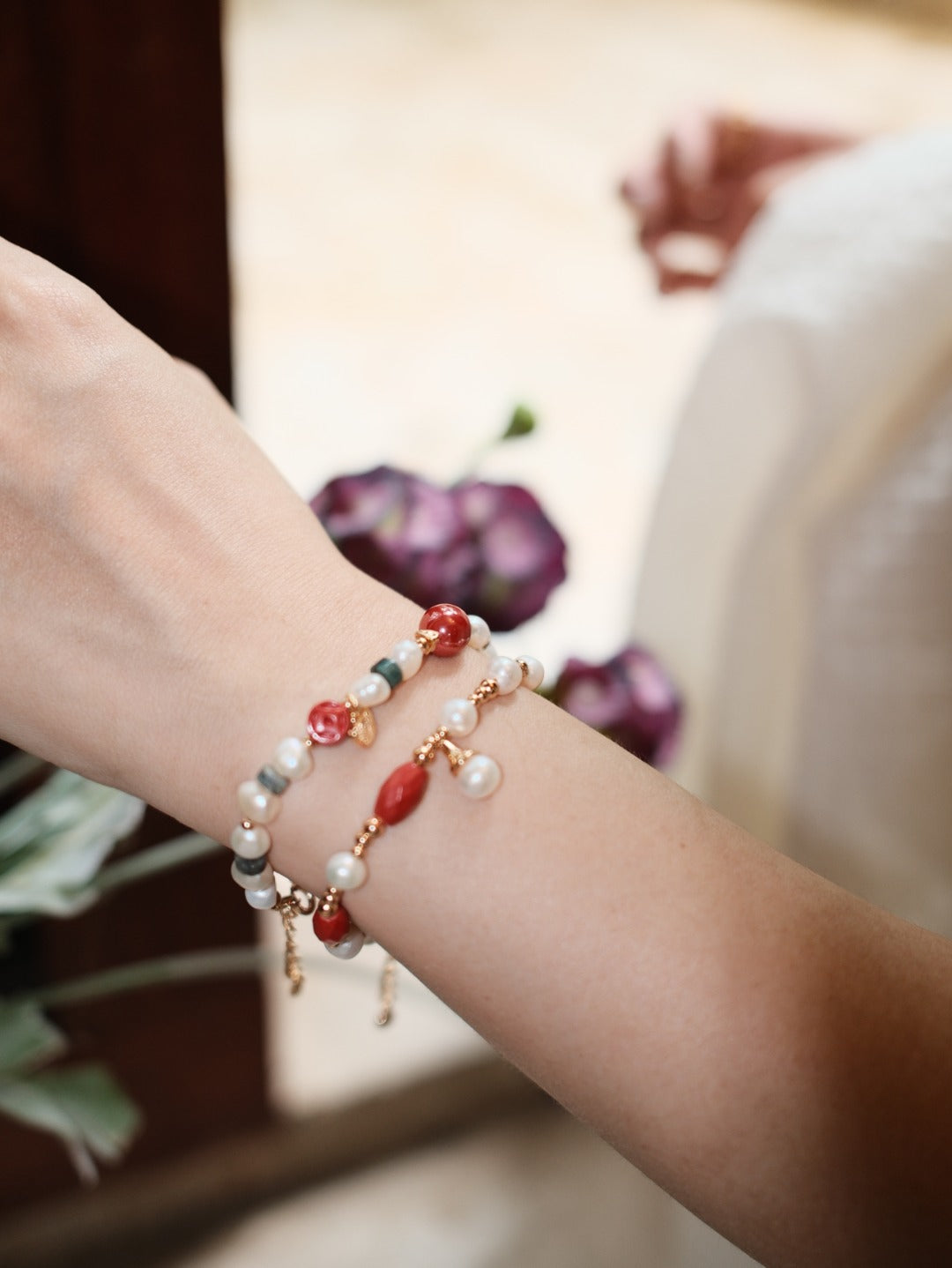 Natural Cinnabar Pearl S925 Talisman Bracelet - Model Wrist