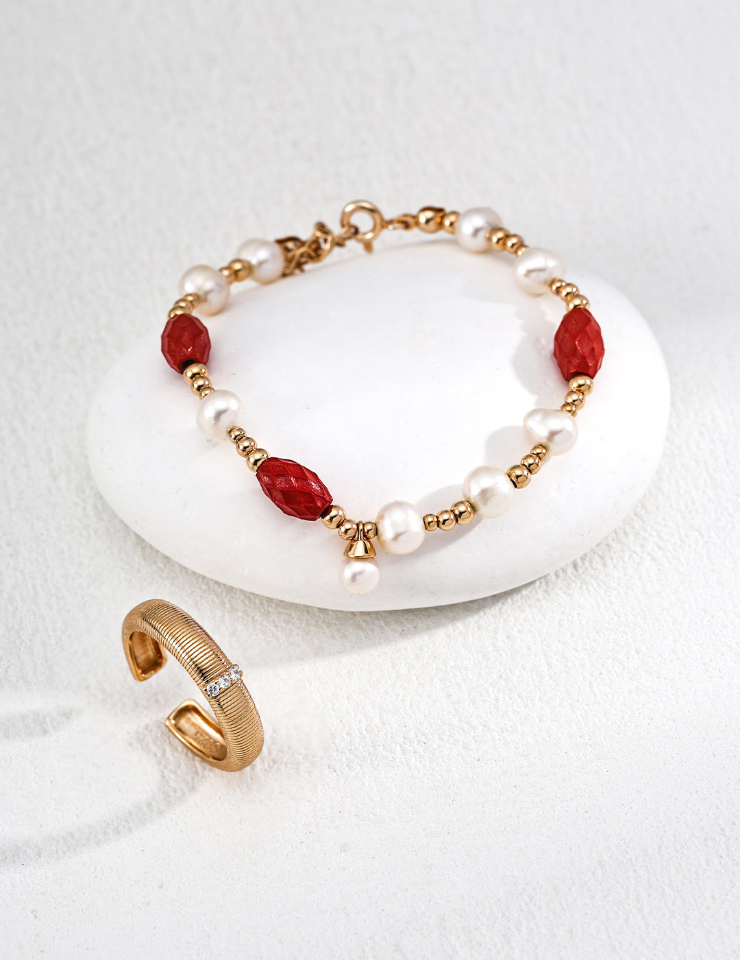 Natural Cinnabar Pearl S925 Talisman Bracelet - Display with Ring