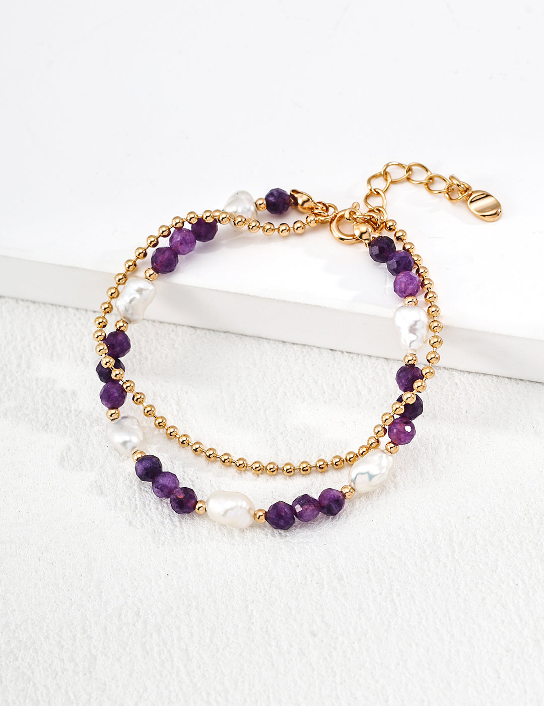 Natural Amethyst & Baroque Pearl S925 Layered Bracelet - Flat View
