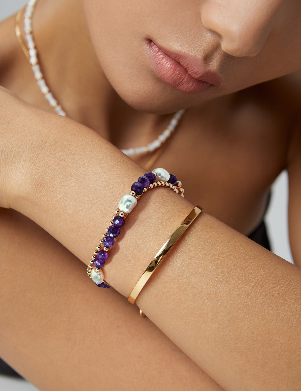 Natural Amethyst & Baroque Pearl S925 Layered Bracelet - Model Wrist