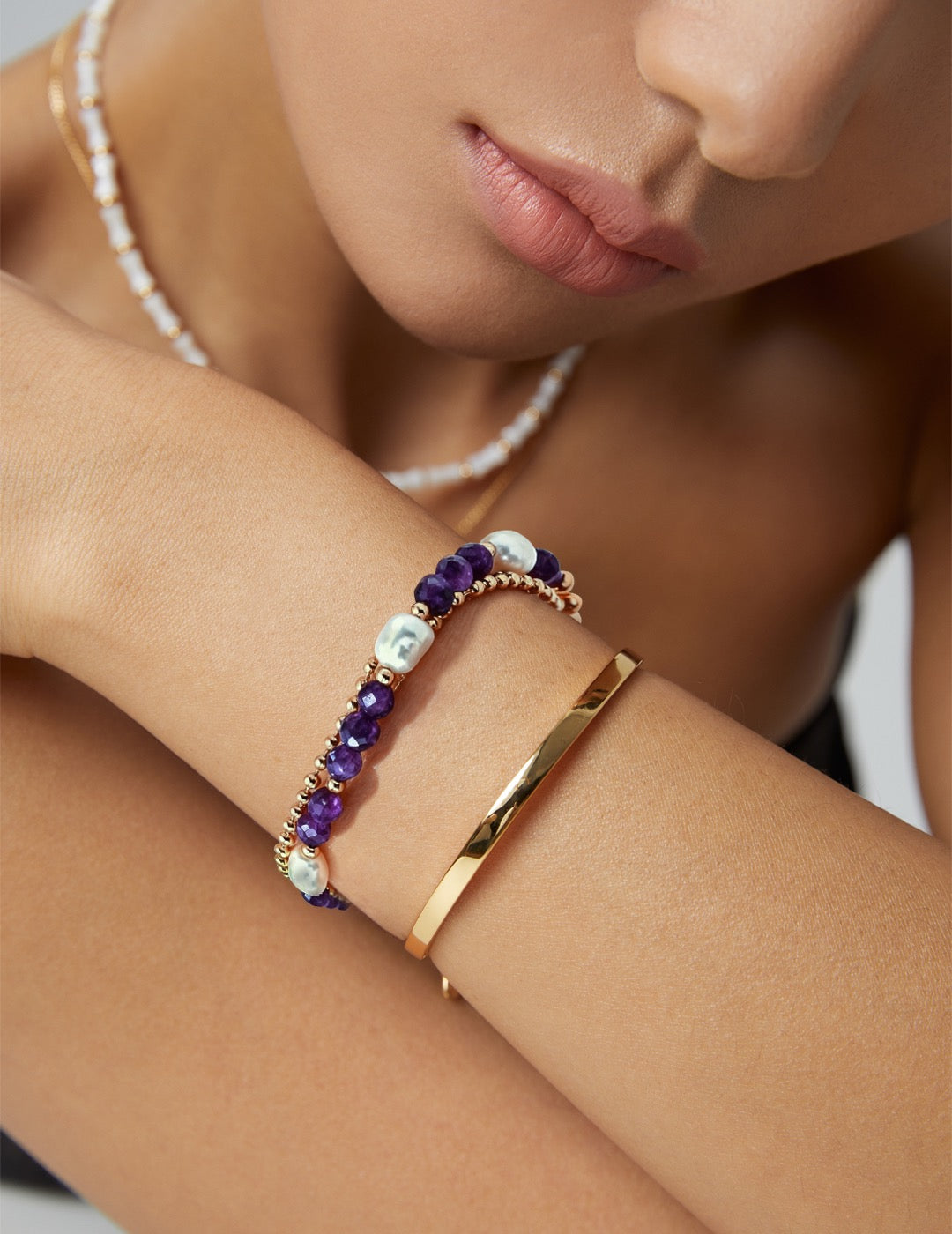 Natural Amethyst & Baroque Pearl S925 Layered Bracelet - Model Wrist