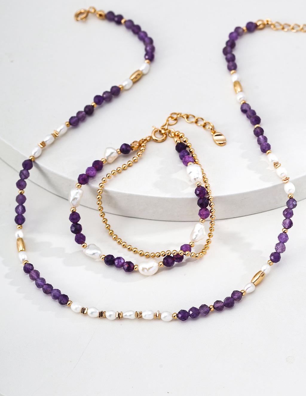 Natural Amethyst & Baroque Pearl S925 Layered Bracelet - Jewelry Set