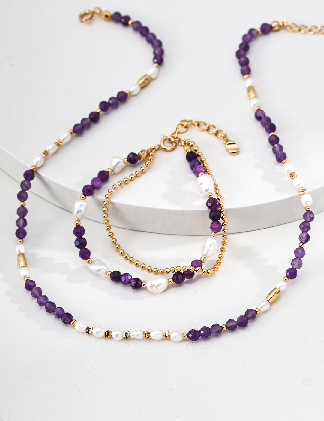 Natural Amethyst & Baroque Pearl S925 Layered Bracelet - Jewelry Set