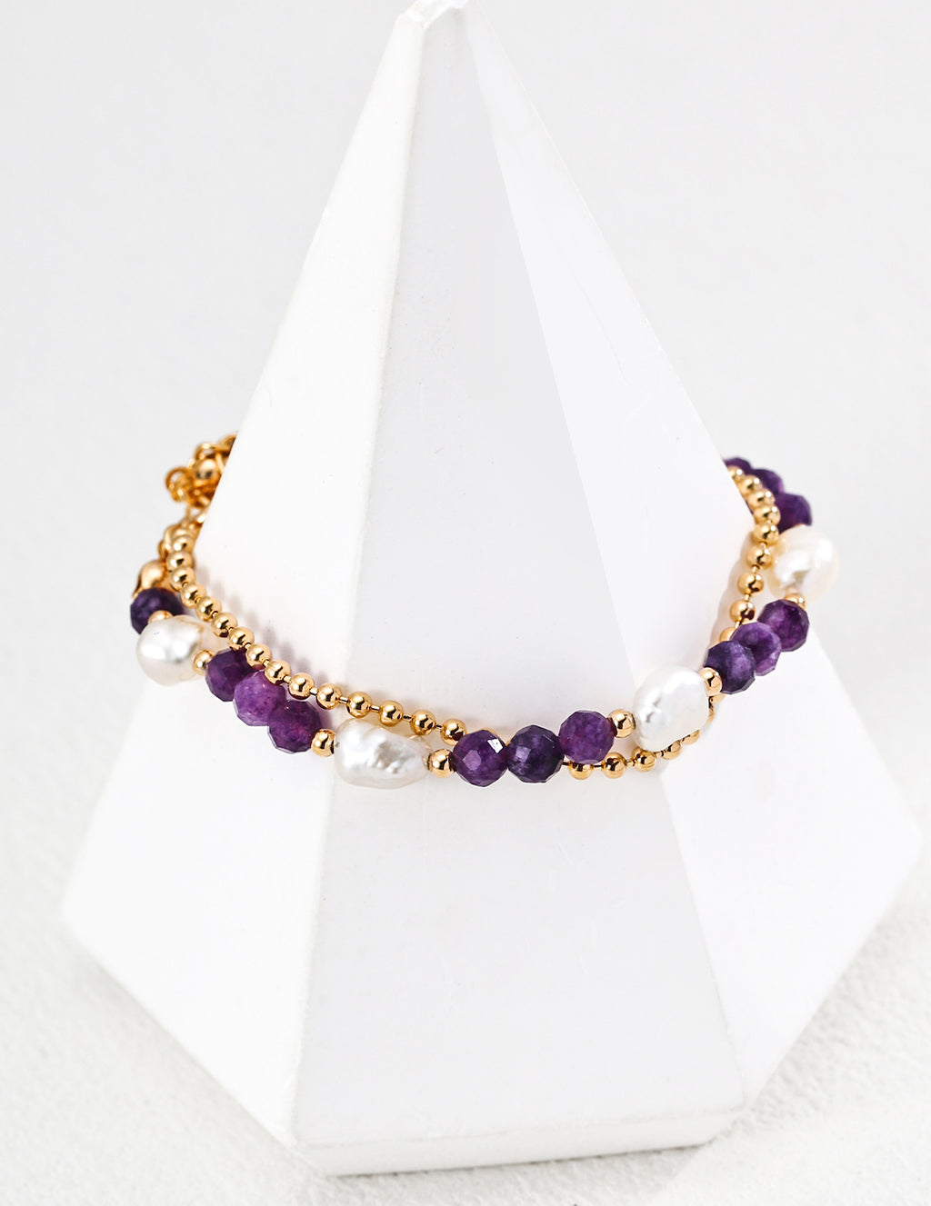 Natural Amethyst & Baroque Pearl S925 Layered Bracelet - On Pyramid